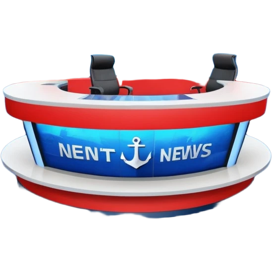 Professional news TV studio interior, modern anchor desk in center, large curved LED screen wall behind presenter, abstract global map graphics, blue dominant colors with red accents, symmetrical composition, broadcast-quality lighting, realistic 3D studio render emoji