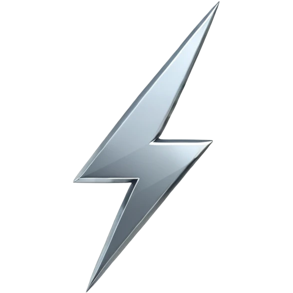 A lightning bolt emoji made of polished silver chrome, sharp yet rounded edges, glossy metallic surface, soft reflections, minimal futuristic design, iOS emoji style, centered, clean white background emoji