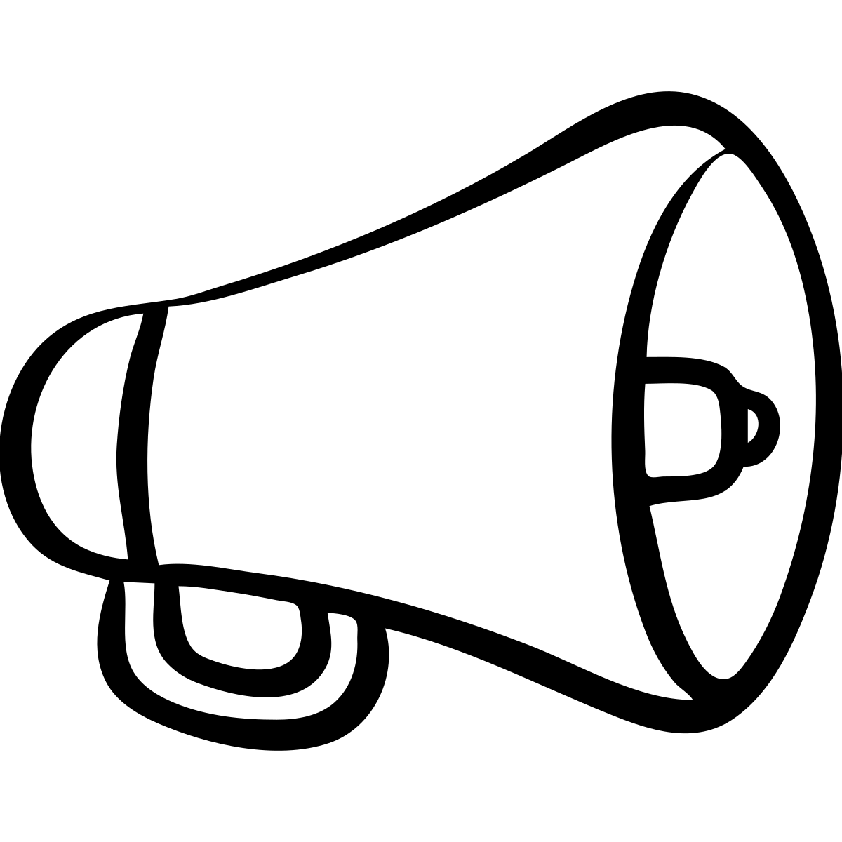 A hand-drawn megaphone or bullhorn icon with handle emoji