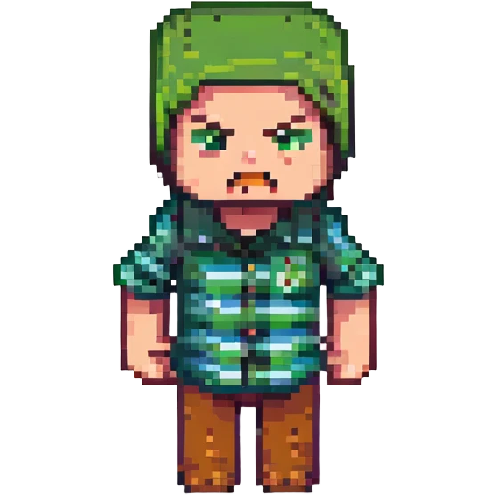 Edit the Minecraft character in the green striped shirt to have an angry expression, keeping the pixel art style and pose the same. emoji