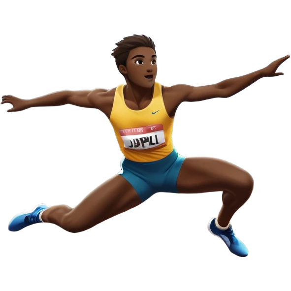 An icon of an athlete soaring over a hurdle, mid-jump, with a powerful form. The background features a vibrant stadium, with the track and hurdles in sharp focus, and a cheering crowd along the stands. The motion of the jump emphasizes speed and agility. Transparent background. emoji
