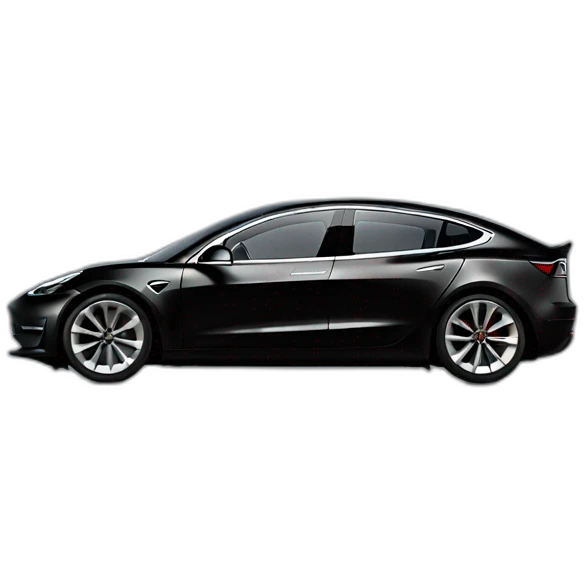 black Tesla Model 3, at very high speed, with wheels rotating, side view emoji