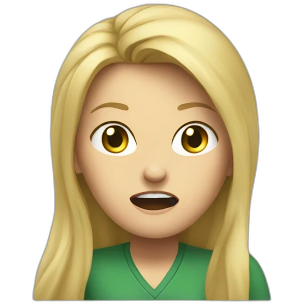 front view angry woman teacher long blonde hair dark eyes green shirt no glasses screaming emoji