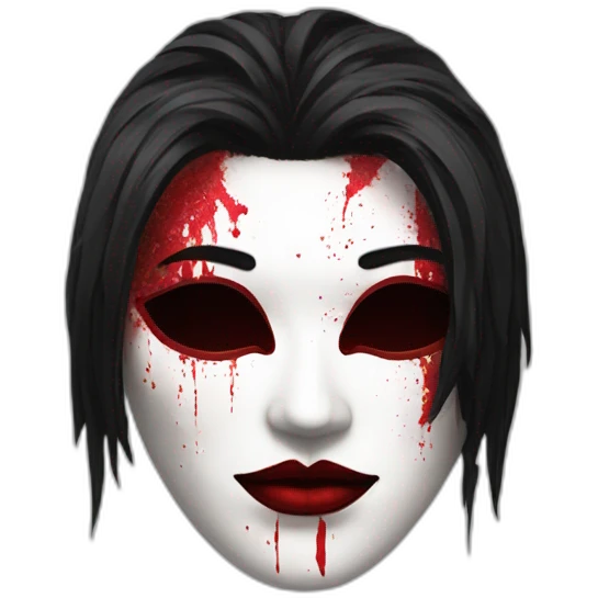 Mask with a pale complexion with heavy makeup and disheveled black hair, adorned with red splatters emoji