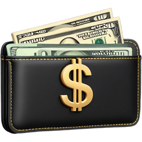 Rich emoji style black leather wallet with dollar bills, luxury money vibe, premium 3D emoji, ultra clean, high detail, no background
 emoji