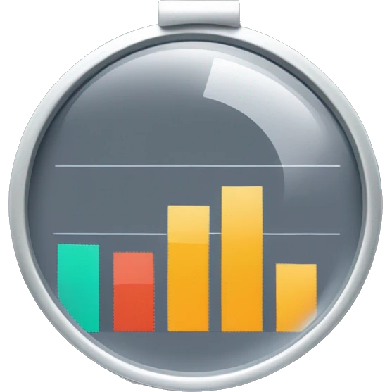 Simple, minimal, clean, easy to recognise icon of a factory magnifying glass over a bar chart metaphorically marketing research  emoji