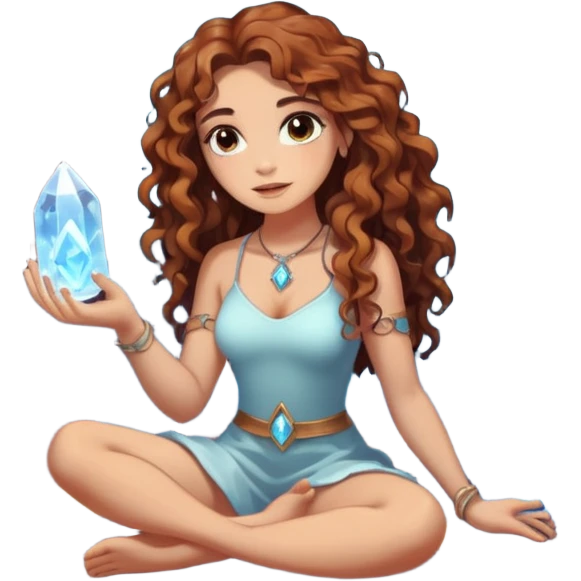 full body woman long curly brown hair brown eyes white skin tattoos sitting inside crystal cave opening, touching glowing quartz emoji