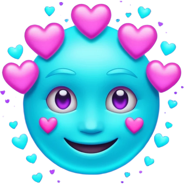 futuristic glowing emoji face smiling with floating neon hearts, purple and cyan holographic light, dark background emoji