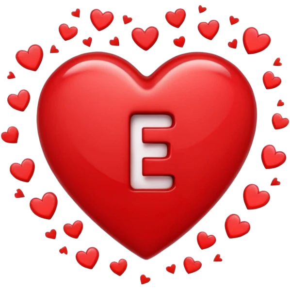 Small broken heart emojis around the letter E emoji