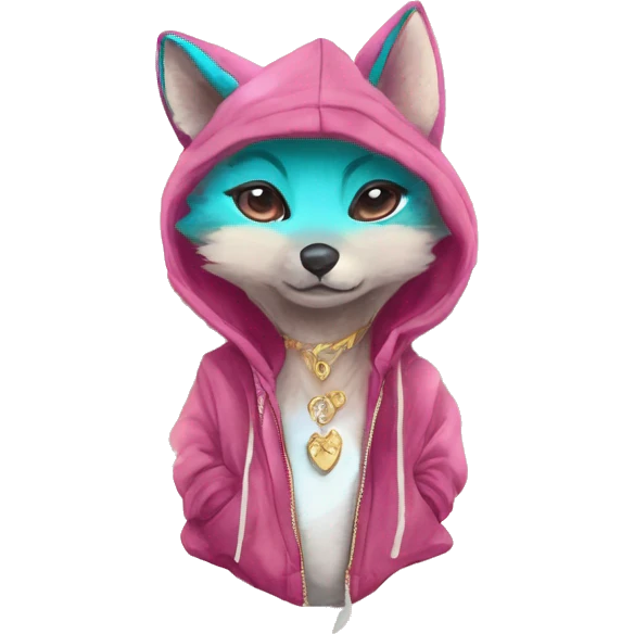 Pink magenta burgundy maroon cyan beige gray fox wearing a pink hoodie with gold jewellery gold piercings gold ear piercing gold nose piercing vintage watercolour tie dye black raven wings emoji