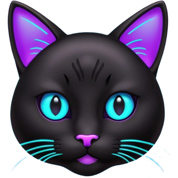 futuristic glowing black cat emoji, neon cyan eyes, purple #8B5CF6 highlights, tech minimal style, dark background emoji