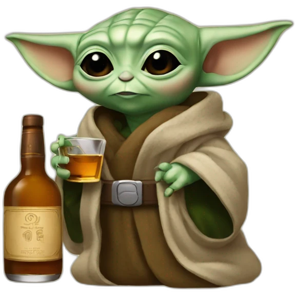 small baby Yoda drinking a big bottle of whiskey emoji