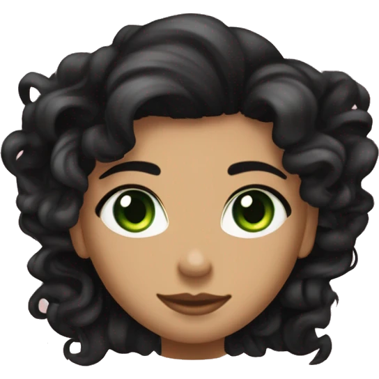 long curly black hair,eyes with a hint of green, eyes positive  canthal tilt ,medium thick shaped eyebrows , and medium thin lips, round face shape, soft jawline, full body, teen, sensual, american emoji