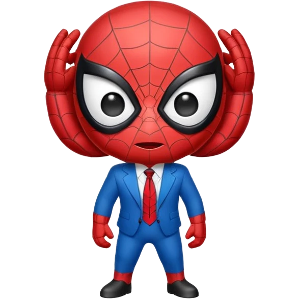 A cute caricature Spider-Man emoji, chibi style, oversized head and tiny body, big expressive white eyes, simplified red and blue suit, thick black outlines, glossy cartoon shading, friendly playful expression, clean vector style, centered face, emoji-sized, transparent background emoji