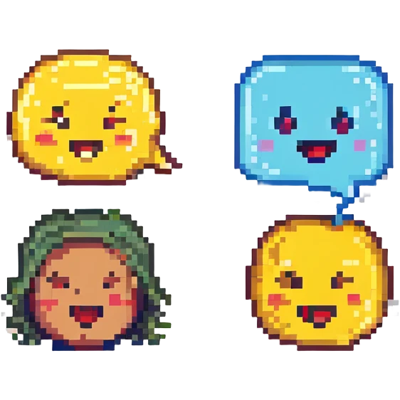 two pixel art emojis talking to each other, clear facial expressions, speech bubbles emoji