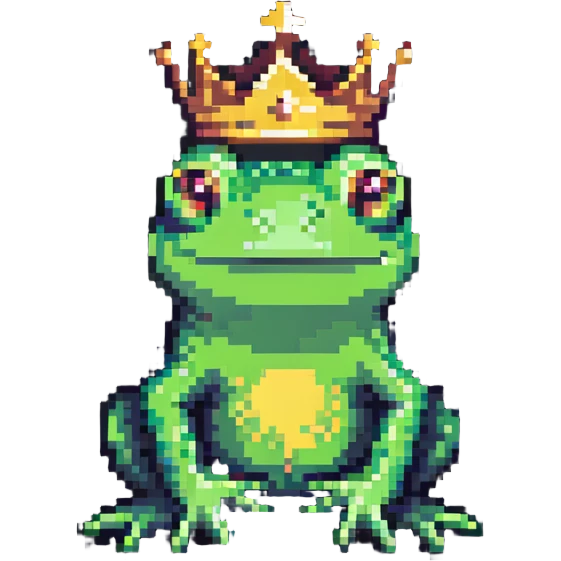 cute green frog with a crown, facing forward, pixel art style emoji