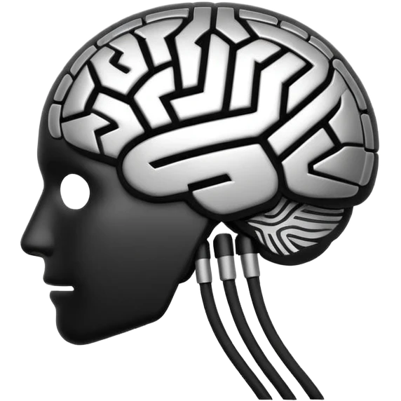 Futuristic AI brain emoji, simplified brain silhouette, metallic black and white, glowing neural lines inside, flat vector design, minimal clean style

 emoji