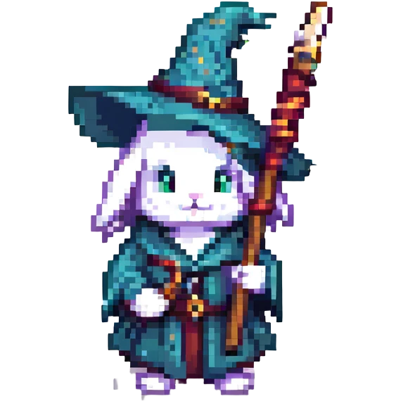 adolescent wizard bunny holding a staff, pixel art style emoji