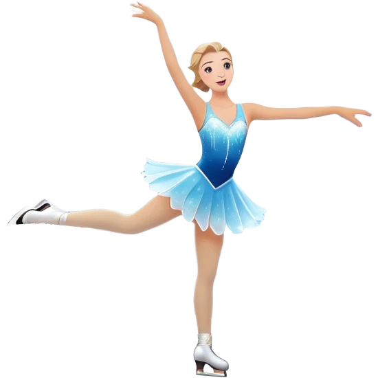 An icon featuring a shimmering rink, colorful spotlights, snowflakes gently falling from the sky, and an audience in the stands, with a snowy landscape visible through large windows with a graceful figure skater performing a spin on a sparkling ice rink. Transparent background. emoji