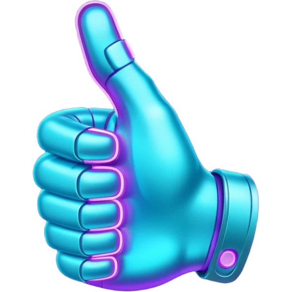 futuristic glowing thumbs up, neon purple and cyan light, dark background, digital tech style emoji