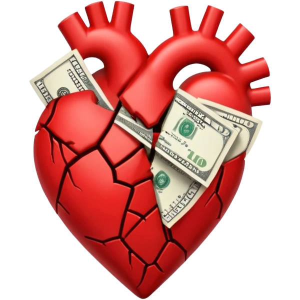 red broken heart glued together by dollars emoji