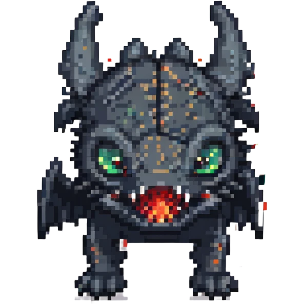 Toothless from 'How to Train Your Dragon' with his head exploded, looking shocked, pixel art style emoji