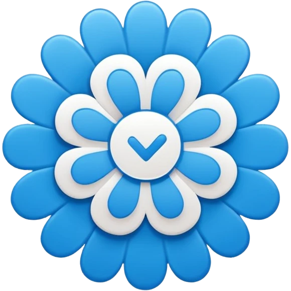 Blue social media verification badge, scalloped circular shape (flower-like edges), solid bright blue color, white bold check mark in center, flat vector emoji style, clean minimal design, symmetrical, transparent background emoji
