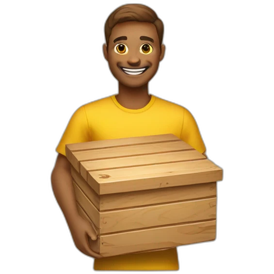 A person holding a box of wood with a beautiful smile will make any wooden product you want, he has a yellow food ball. emoji