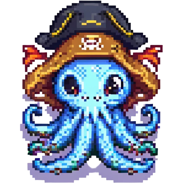 pixel art octopus with pirate hat, happy expression emoji