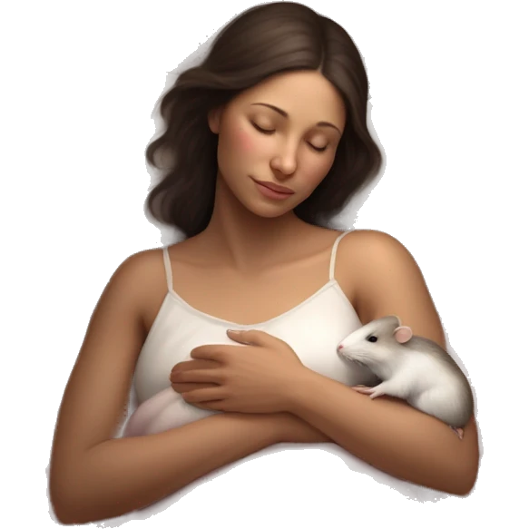 tan skinned white woman with dark brown hair peacefully sleeping and cradling a small delicate white rat with pink eyes in her hands resting it close to her chest. serene and dreamy atmosphere style is soft and realistic emoji