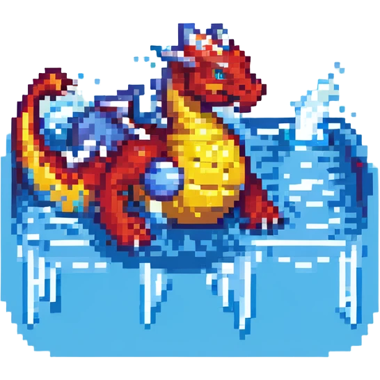 dragon playing water polo, pixel art style emoji