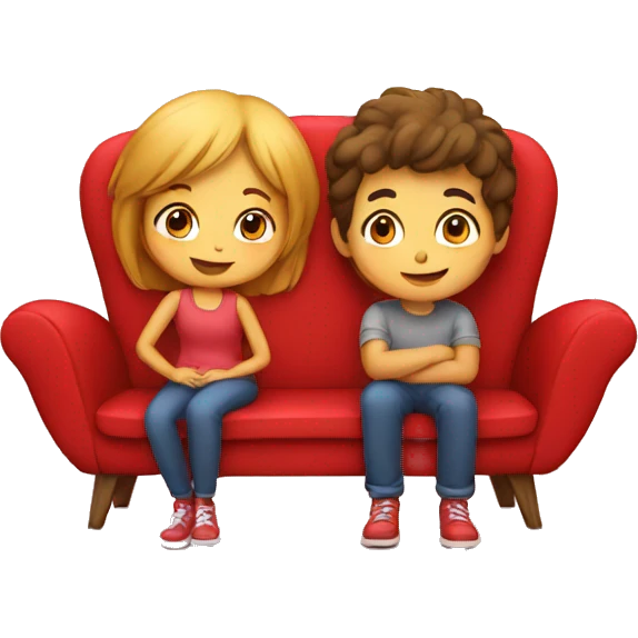 Girl and boy on red sofa love emoji