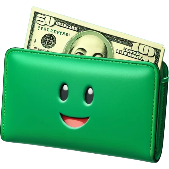 Rich emoji style green leather wallet with dollar bills, luxury money vibe, premium 3D emoji, ultra clean, high detail, no background emoji