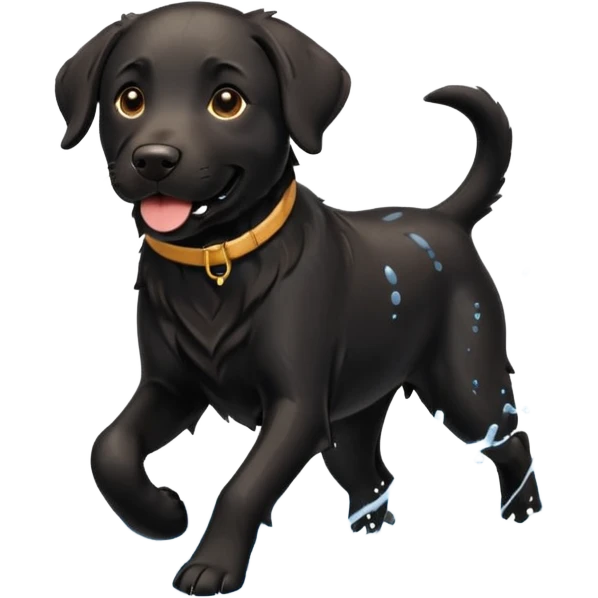 A black Labrador Retriever running through shallow water near a lake, splashing around happily. Natural lighting, motion shot, photorealistic style. emoji