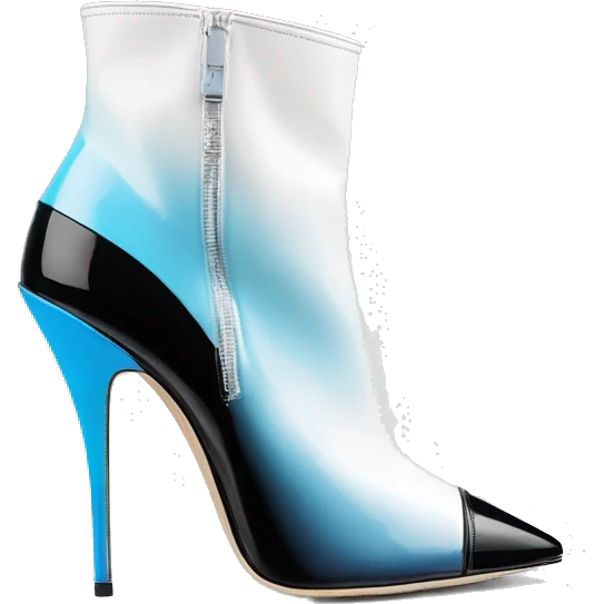 Realistic isolated top view of a pair of white,sky blue,and black ombre Jimmy Choo Stiletto Heel Zippered ankle bootie boots  emoji