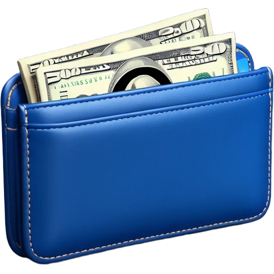 Rich emoji style Deep Blue leather wallet with dollar bills, luxury money vibe, premium 3D emoji, ultra clean, high detail, no background emoji