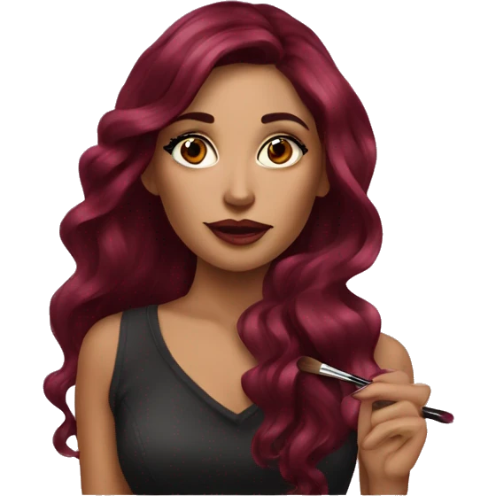 Beautiful tattooed burgundy long haired woman doing her makeup emoji