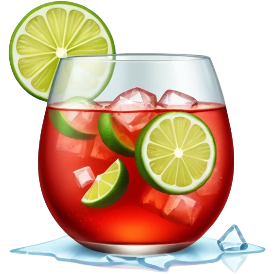 A round wine glass filled with bright red Campari tonic, lots of ice, and a lime wedge on top. emoji