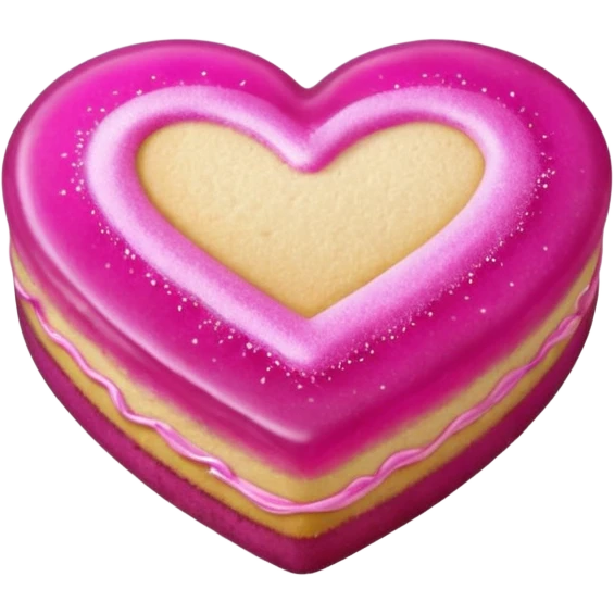 Realistic shortbread cookie in the shape of a heart with Fuchsia color jelly middle filling and sprinkled powder sugar on top. emoji