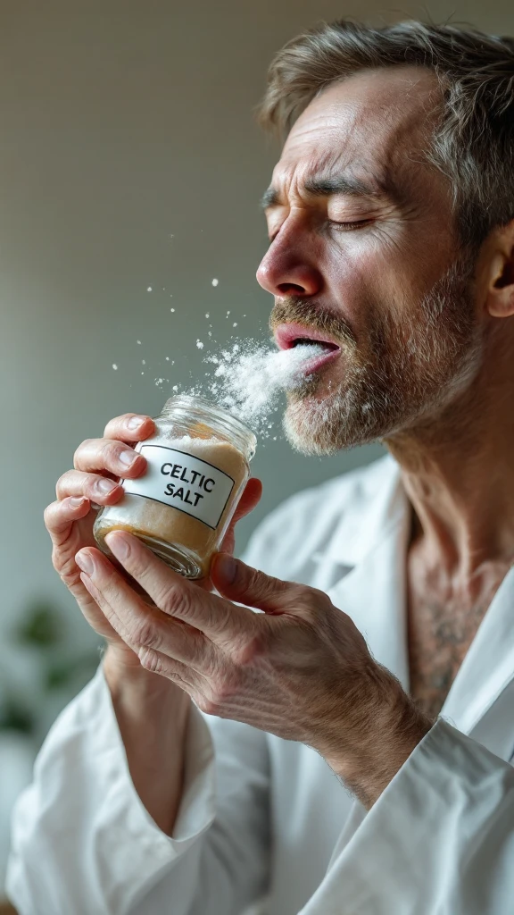 A MEDICAL ILLUSTRATION OF A REALISTIC human body holding a jar with "CELTIC SALT" written on the label, he throws it in his mouth DURING BREAKFAST emoji