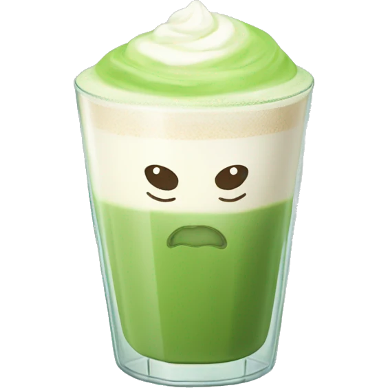 A frothy matcha latte in a clear glass cup with a simple heart design in the foam. emoji