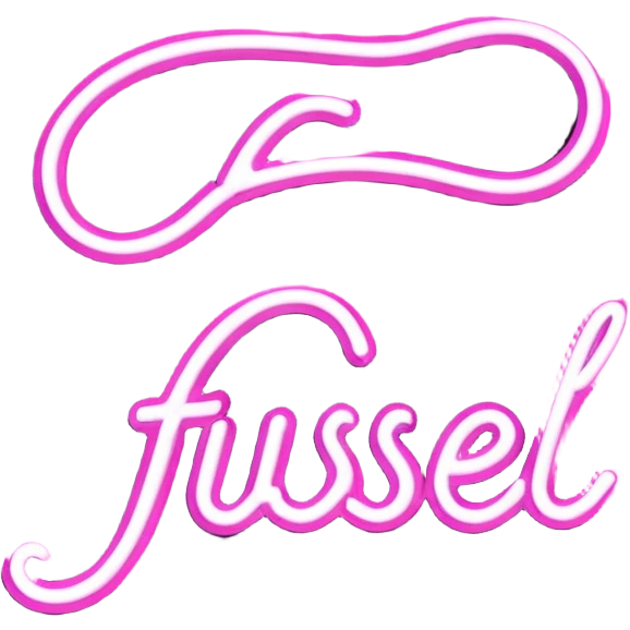 glowing pink neon sign that says “Fussel" in cursive  emoji