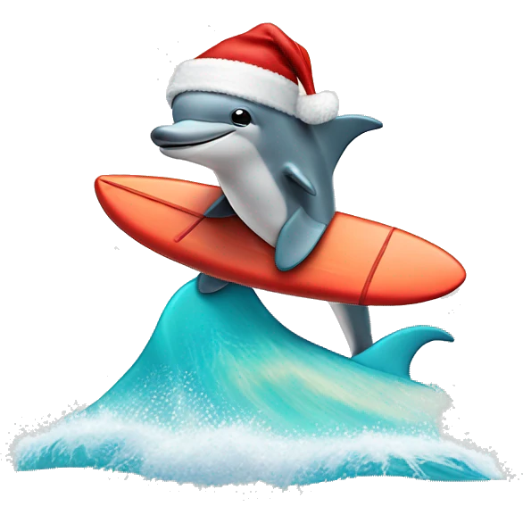 Dolphin with Santa hat riding a surfboard  emoji