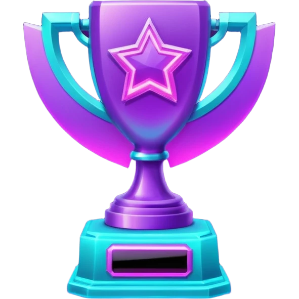 futuristic glowing neon trophy beside, purple and cyan glow, dark background emoji