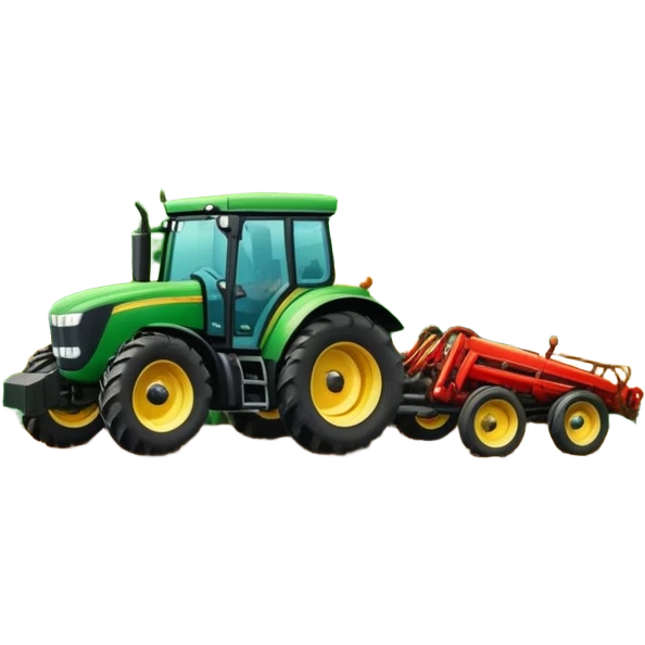vibrant rural landscape with a tractor plowing fields, inspired by Farming Simulator 22. The design includes lush green fields, a barn, and a scenic countryside with trees and mountains in the distance. Transparent background emoji