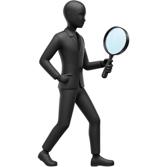 3D icon of a minimal human silhouette holding a magnifying glass, exploration concept, simple geometric form, modern UI style, single object, soft lighting, isolated, no background emoji