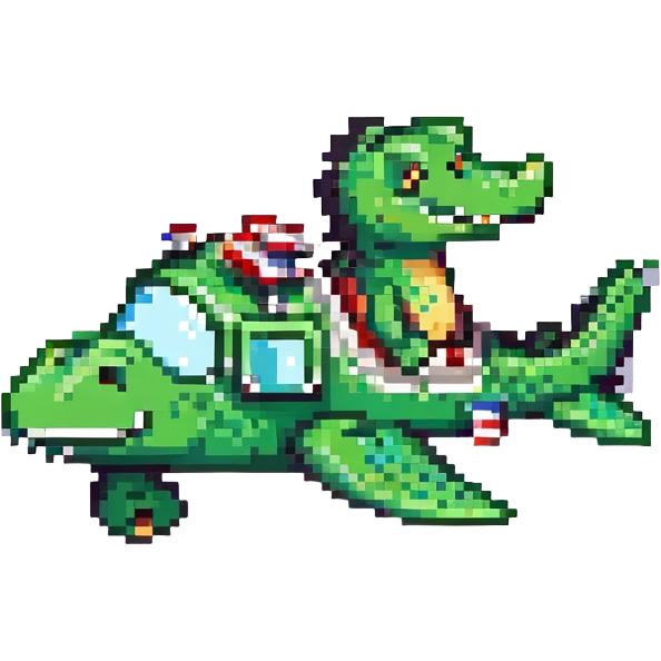 pixel art bright green crocodile piloting an airplane, chibi proportions, cute face emoji