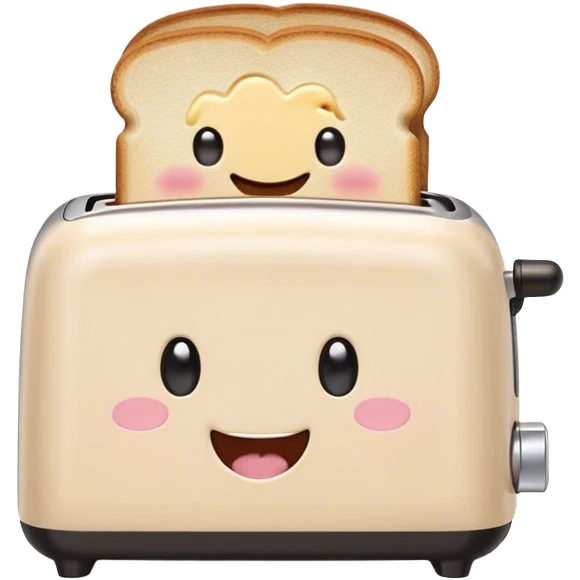 Cute Kawaii Toaster, tiny and square, soft pastel cream with a happy smile, chubby cheeks, two little toast slices popping out, giggling in excitement! emoji
