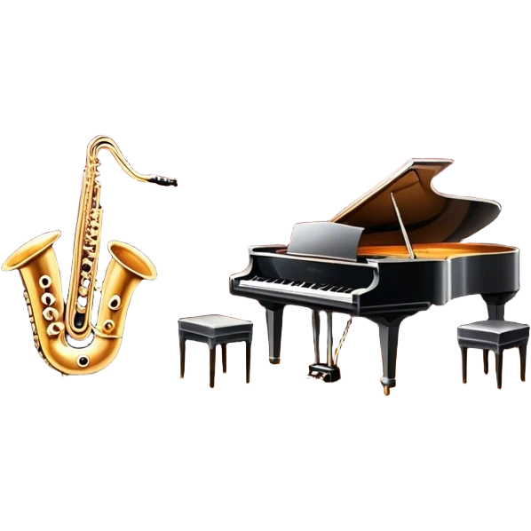 Icon for Musical Theater: a vintage stage with Broadway-style curtains, a piano, musical notes, a spotlight, and a jazz band setup. The icon should reflect the vibrant and glamorous atmosphere of 1950s American musical theater, with emphasis on performance and showmanship. Transparent background. emoji