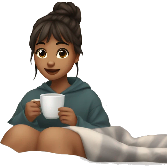 25 years old girl with bangs, bun and brown eyes in a cozy blanket drinking tea emoji